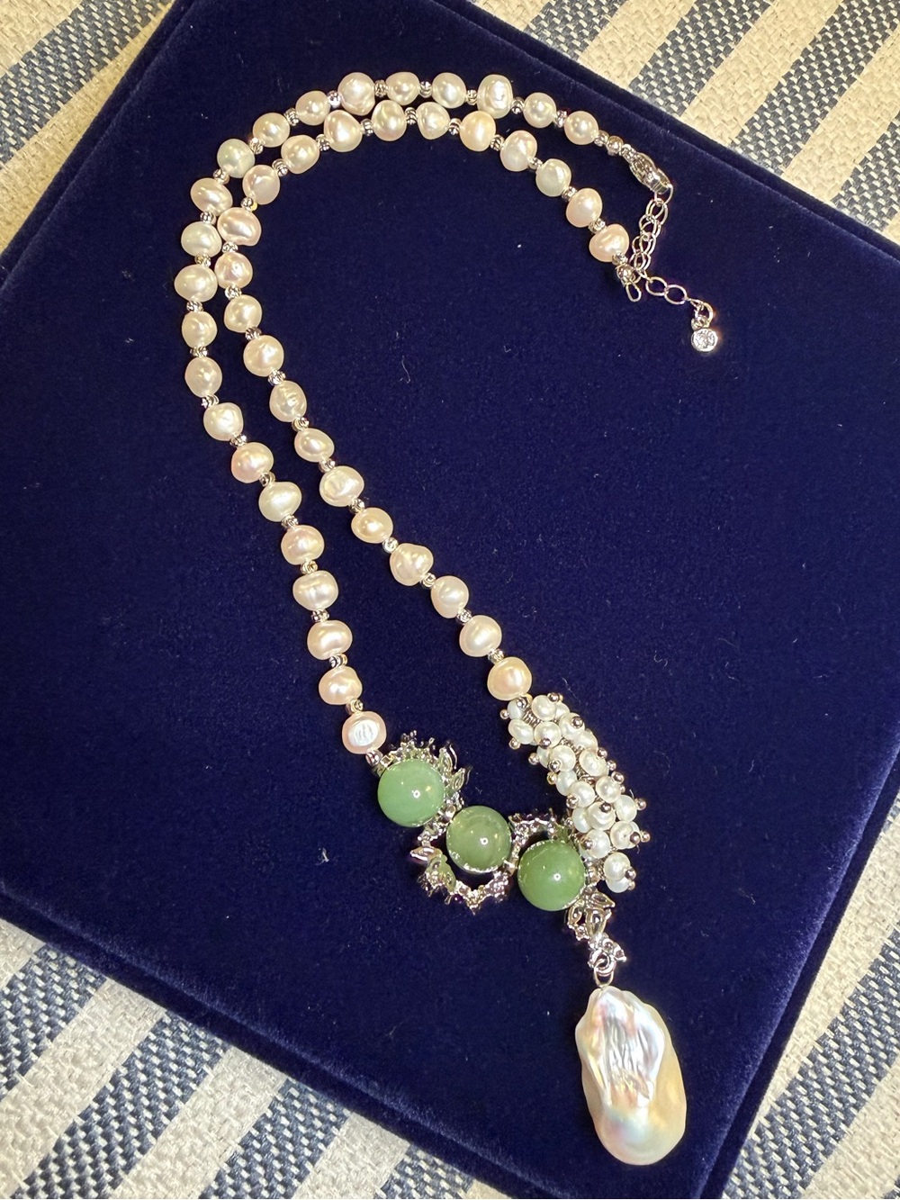 ❤️UNIQUE NECKLACE of Freshwater Pearls,Green Aventurine,Rhodium Plating💚💚💚